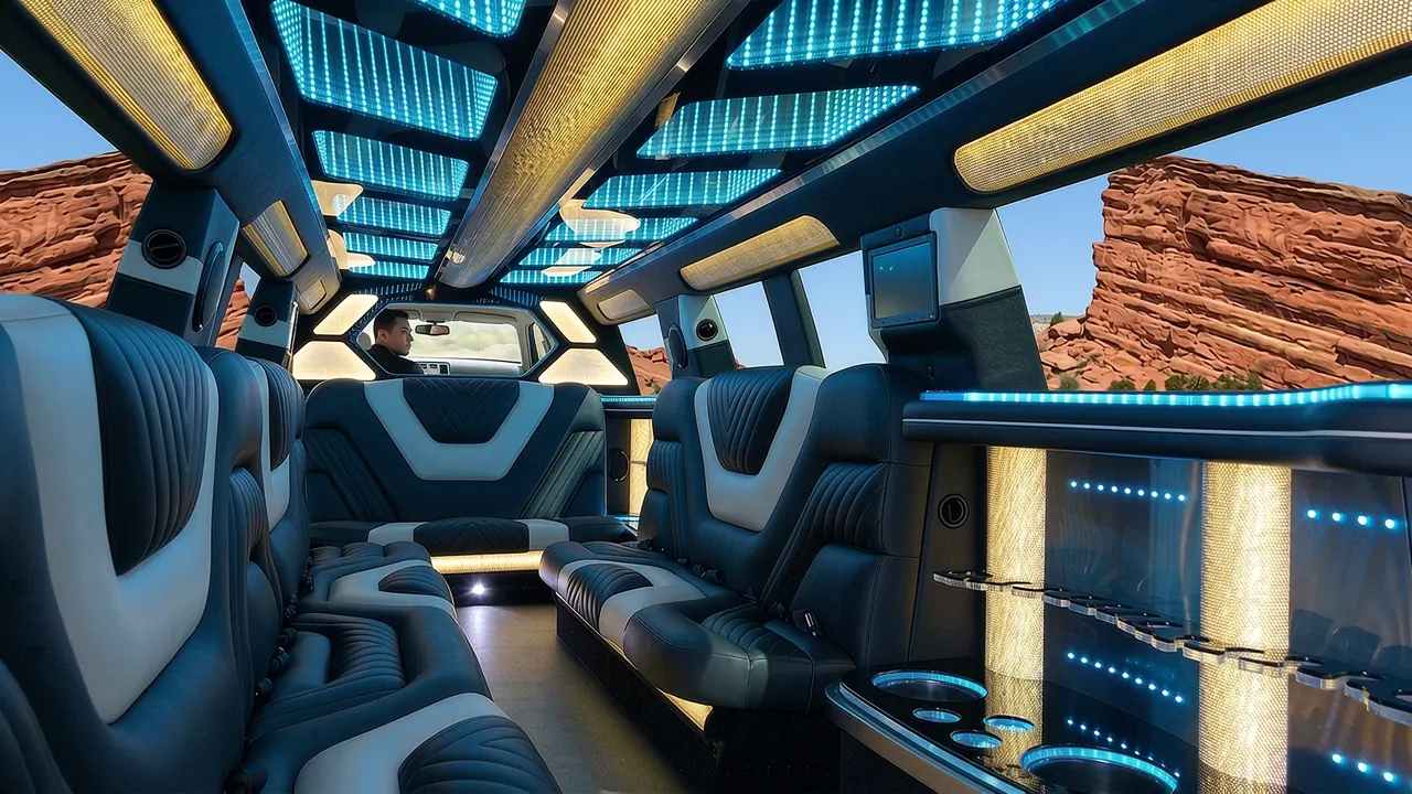 Inside the Mercedes GLS limo in Mead: LED light-show ceiling, leather lounge seating and lit bar