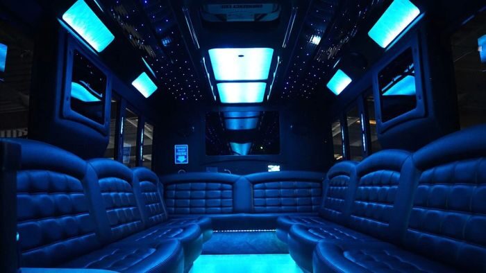 Wraparound seating and blue LED lights – Mead limo service